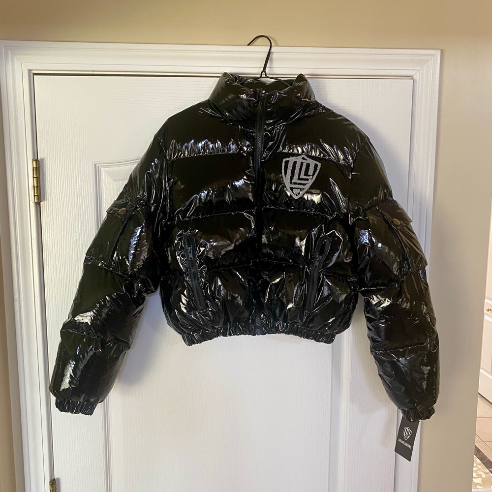 Shiny Black Cropped Puffer Jacket Unisex black new